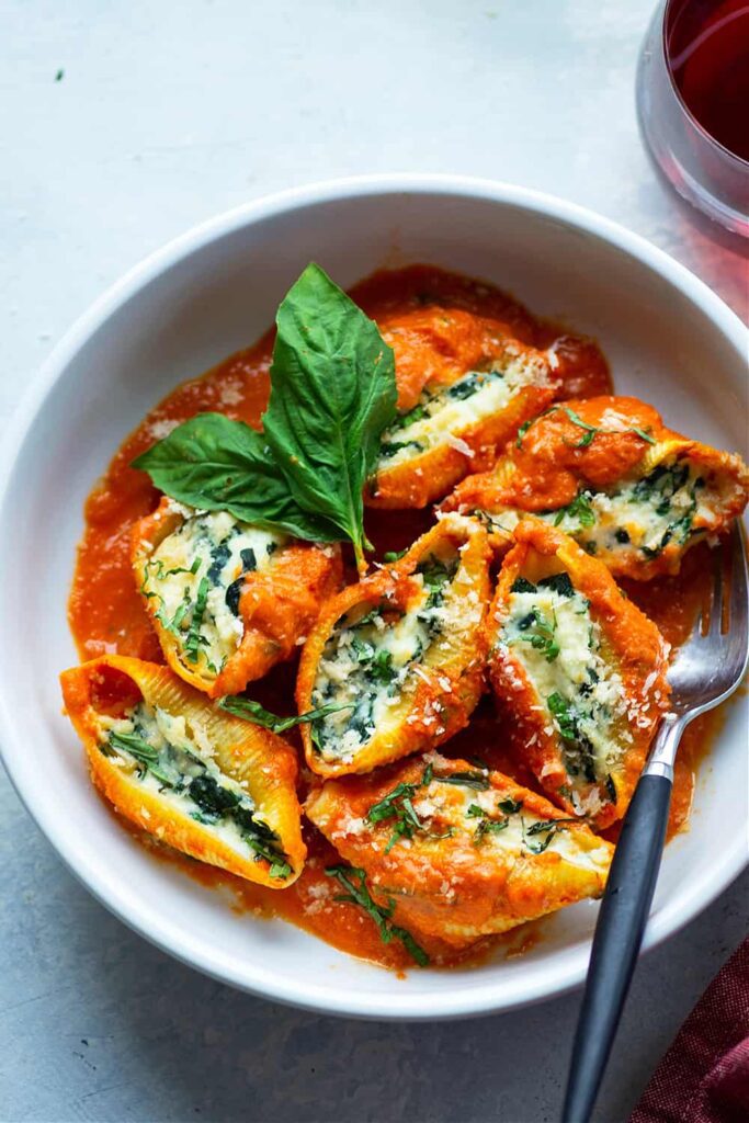 spinach ricotta stuffed shells overhead closeup